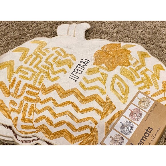From the Hearth Set of 4 Pumpkin Fall Thanksgiving Placemats Embroidered Chevron - Picture 4 of 7